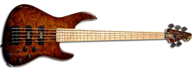 GB Spitfire © 5 in Black American Burr Walnut with blistered Maple neck