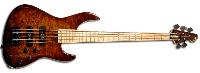 GB Spitfire  5 in Black American Burr Walnut with blistered Maple neck